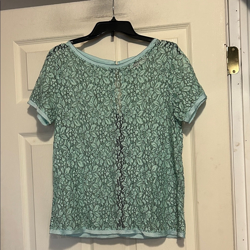 Ann Taylor Loft Green Lace Short Sleeve Blouse Size Small